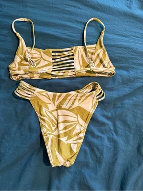 Stone Cold Fox Olive Green and Cream Tropical Strappy Bikini